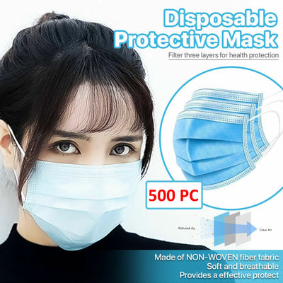 [500 PCS] 3-Ply Disposable Face Mask Non Medical Surgical Earloop