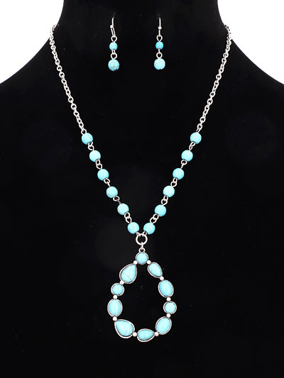 Fashion Western Teardrop Long Neck Turquoise Necklace, Stone Pendant Necklace Set