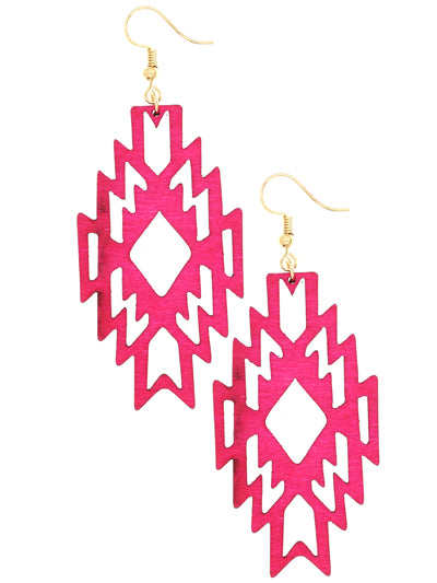 Pink Aztec Cut Out Wooden Dangling Drop Earring, Gift for Her