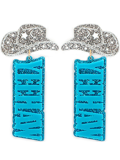 Western Laser Cut Earring Set, Turquoise Silver Hat Dangling Yeehaw Western Earring Set, Gift for Her