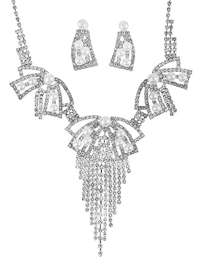 Silver Tone Rhinestone Pearl Multi Ribbon Tassel Necklace Set, Statement Jewelry, Gift for Her, Gift for Girlfriend