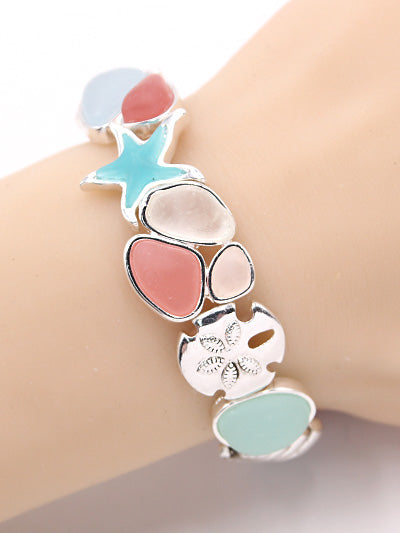 Womens Fashion Sealife Sea Glass Stretch Bracelet Silver Tone,Gift for Her