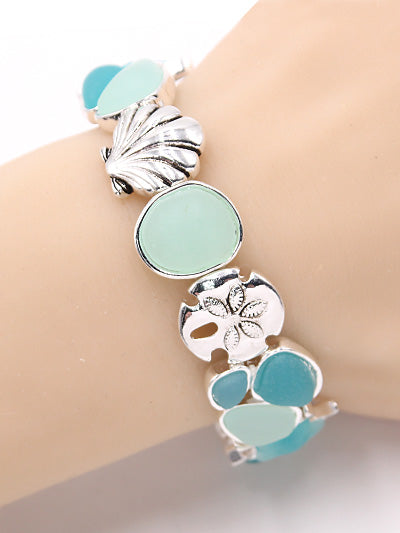 Womens Fashion Turquoise Tone Sealife Sea Glass Stretch Bracelet Silver Tone,Gift for Her