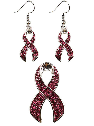 Pink Ribbon Gold Tone Breast Cancer Awareness Earring & Necklace Pendant Set