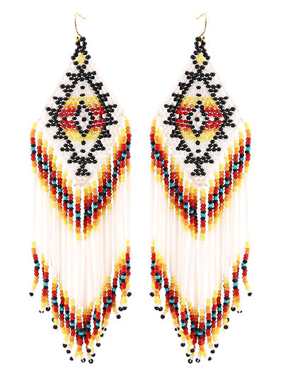 Western White Bead Seed Geometric Earrings, Gift for Her