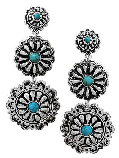 Concho Fashion Western Turquoise Semi Stone Earring Set, Western Stamping Post Concho Earring Set