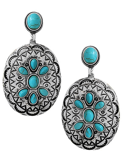 Concho Fashion Western Turquoise Semi Stone Earring Set, Western Post Concho Earring Set