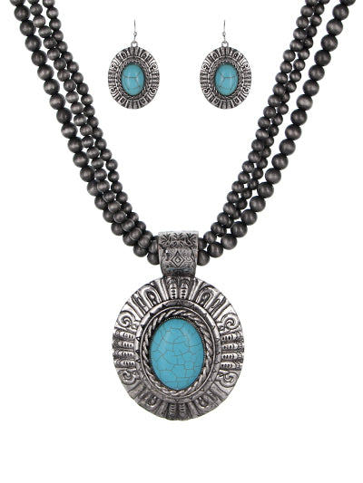 Navajo Fashion Western Turquoise Necklace, Oval Silver Tone Pendant Necklace Set