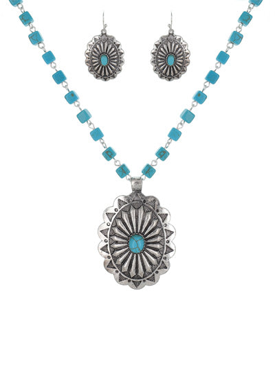 Concho Fashion Western Turquoise Semi Stone Necklace Set, Concho Turquoise Womens Necklace Set