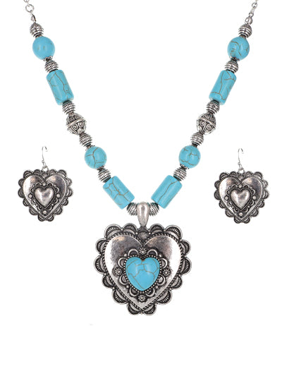Fashion Western Turquoise Heart Pendant Necklace, Turquoise Womens Semi Stone Necklace Set