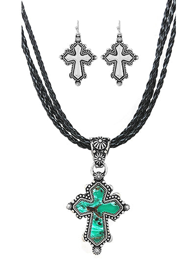 Fashion Western Turquoise Cross Necklace, Turquoise Green Womens Handcrafted Stone Cross Pendant Set