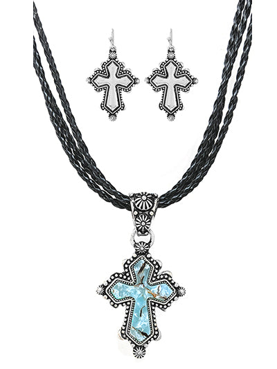 Fashion Western Turquoise Cross Necklace, Turquoise Womens Handcrafted Stone Cross Pendant Set