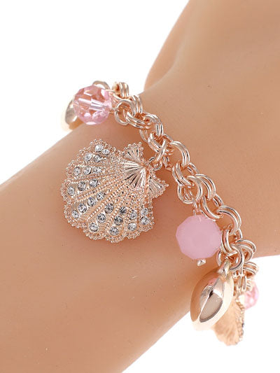 Sealife Toggle Pink Bracelet, Pink Black Oyster Charm Toggle Womans Fashion Gold Plated Charm Bracelet Set Gift For Her