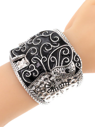 Womens Fashion Elephant Black and Silver Cuff Bracelet, Gift for Her, Elephant Bracelet, Ethnic Adjustable Bracelet, Gift for Her, Gift for Mom, Soror Gift