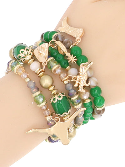 Western Fashion Green Longhorn Bead Bracelet Set, Stackable Green Bracelet Set, Gift for Her