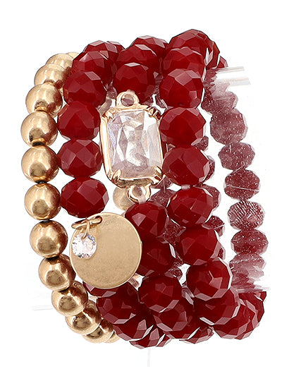 Womens Fashion Burgundy and Gold Mix Beads Stacked Bracelet Set, Gift for Her