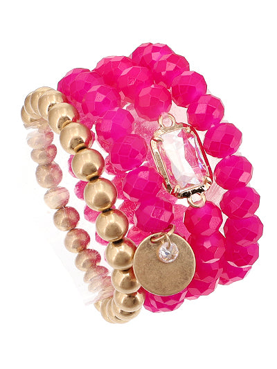 Womens Fashion Dark Pink Metal Finish Glass Beads Multi Strand Stretch Bracelet