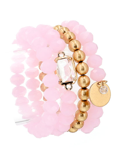 Womens Fashion Pink Metal Finish Glass Beads Multi Strand Stretch Bracelet