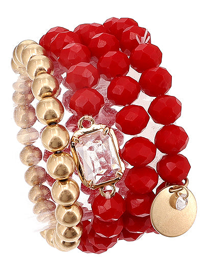 Womens Fashion Red and Gold Mix Beads Stacked Bracelet Set, Gift for Her