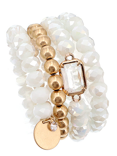 Womens Fashion White and Gold Mix Beads Stacked Bracelet Set, Gift for Her