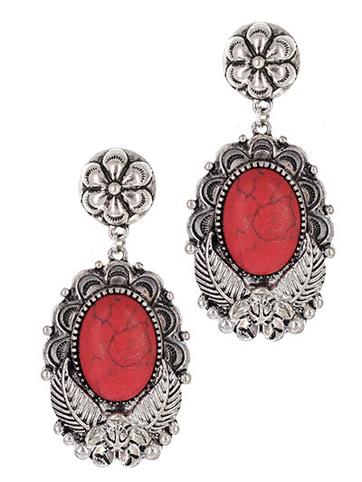 Concho Fashion Western Coral Semi Stone Earring Set, Western Post Concho Earring Set