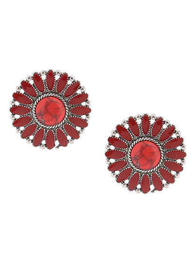 Concho Fashion Western Coral Semi Stone Earring Set, Western Post Concho Earring Set