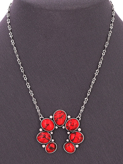 Squash Blossom Fashion Western Stone Chain Necklace, Red Pendant Necklace Set