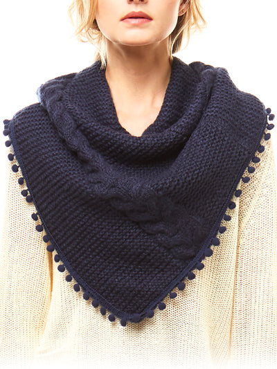 Womens Pom Pom Solid Navy Blue Color Acrylic Fashion Shawl Scarf Gift for Her