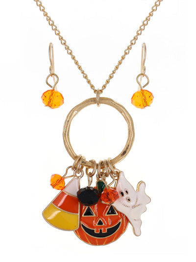 Halloween Ghost and Pumpkin Charm Necklace Set, Holiday Necklace, Statement Halloween Necklace Set