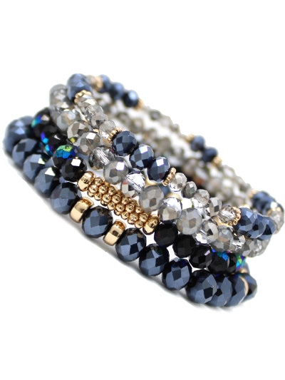 Blue and Silver Plated Metal Finish Glass Beads Multi Strand Stretch Bracelet