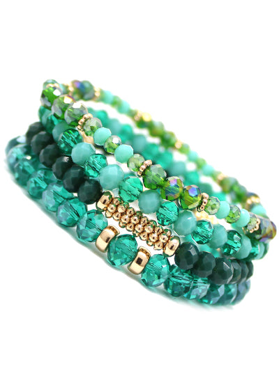Green Metal Finish Glass Beads Multi Strand Stretch Bracelet