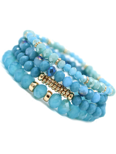 Baby Blue Metal Finish Glass Beads Multi Strand Stretch Bracelet