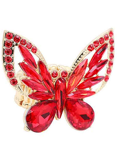 Red Crystal Butterfly Ring, Gold Plated Stretch Statement Ring