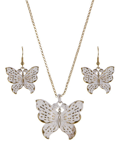 White and Gold Tone Buttefly Necklace Set, Statement Jewelry, Gift for Her, Gift for Girlfriend