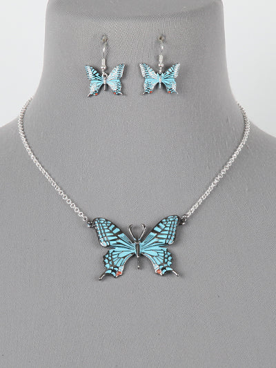Womens Blue Fashion Butterfly Pendant Metal Necklace Set