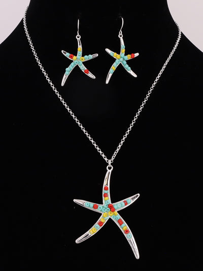 Womens Fashion Starfish Mix Color Pendant Necklace Set, Gift For Her