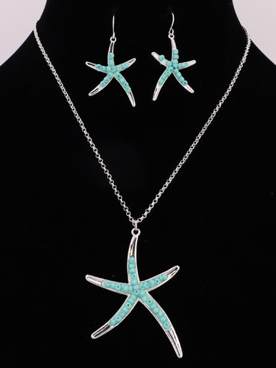 Womens Fashion Starfish Pendant Necklace Set, Gift For Her