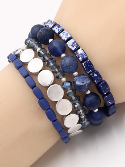 Blue and Silver Plated Metal Finish Beads Multi Strand Stretch Bracelet