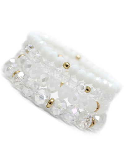 White Metal Finish Glass Beads Multi Strand Stretch Bracelet