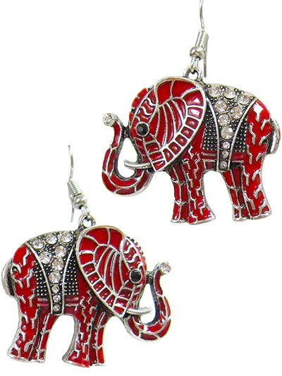 Womens Red and Silver Fashion Studded Elephant Earrings, Gift for Her, Gift for Soror