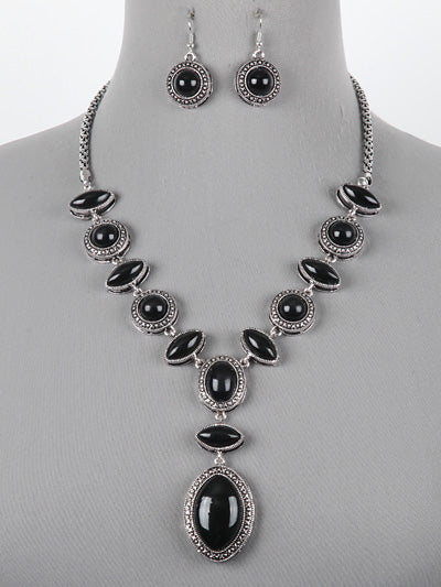 Black Fashion Western Linked Stone Turquoise Necklace, Stone Pendant Necklace Set