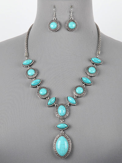 Fashion Western Linked Stone Turquoise Necklace, Stone Pendant Necklace Set
