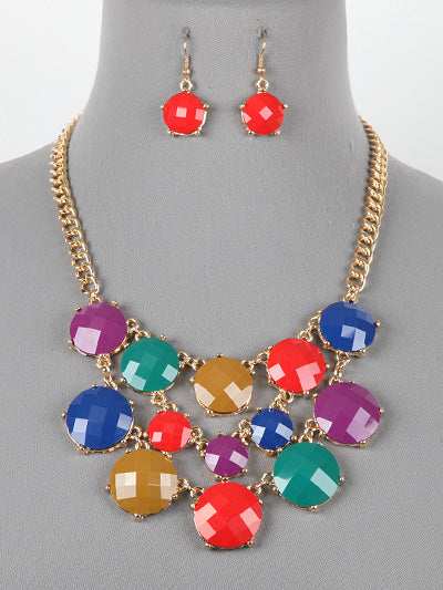 Womens Fashion Mixed Color Linked Stone Bib Statement Necklace Set