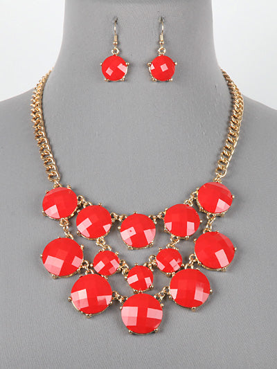 Womens Fashion Red Linked Stone Bib Statement Necklace Set