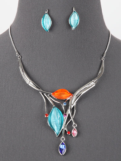 Leaf Design Statement Necklace, Multi Color Silver Unique Fashion Bib Necklace Set, Gift for Her