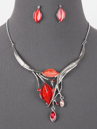 Red Leaf Design Statement Necklace, Multi Color Silver Unique Fashion Bib Necklace Set, Gift for Her