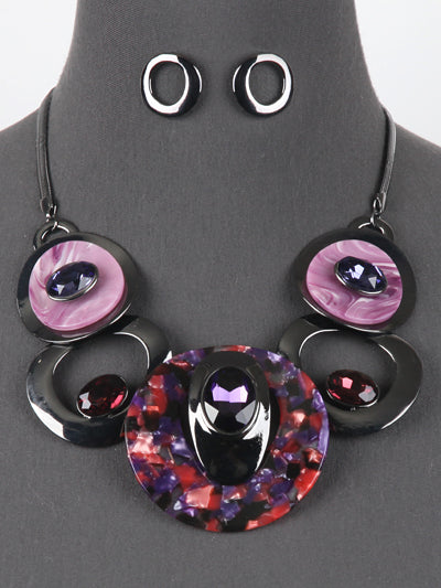 Womens Fashion Purple Metal Finish Stone Statement Necklace Set