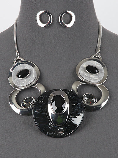 Womans Fashion Black and Silver Marble Circular Necklace Set Gift for Soror Gift for Her