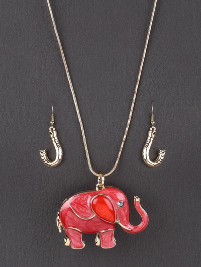 Womens Fashion Red Long Elephant Necklace Pendant Set, Gift for Her