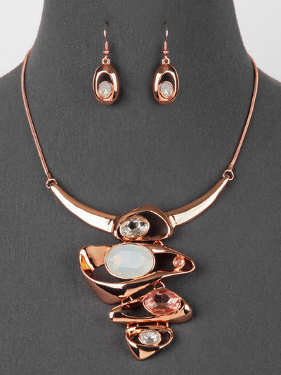 Womens Fashion Rose Gold Metal Finish Stone Statement Necklace Set